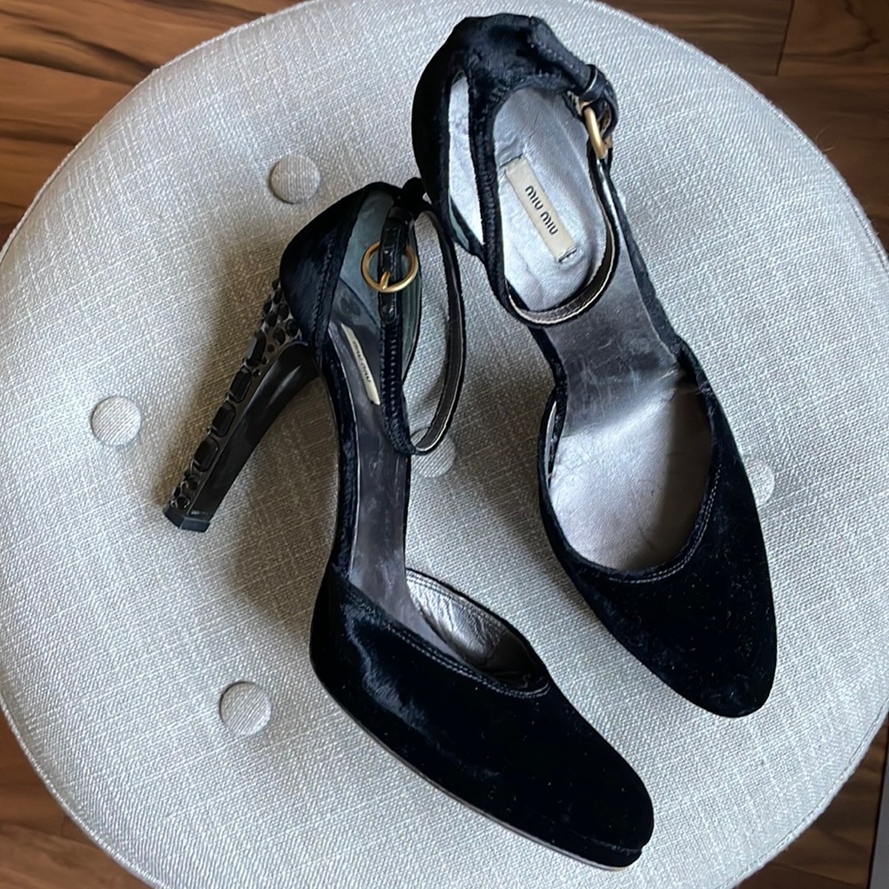 Miu Miu Metallic + Silver Embellished Velvet heels